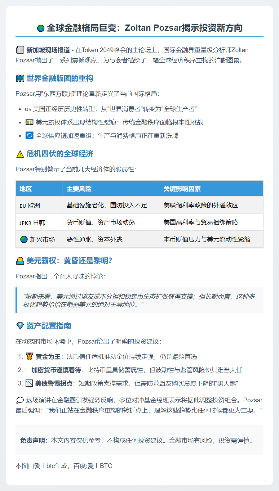 Zoltan Pozsar：黄金仍是避险首选