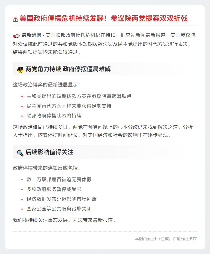 美参院否决拨款案 政府停摆持续