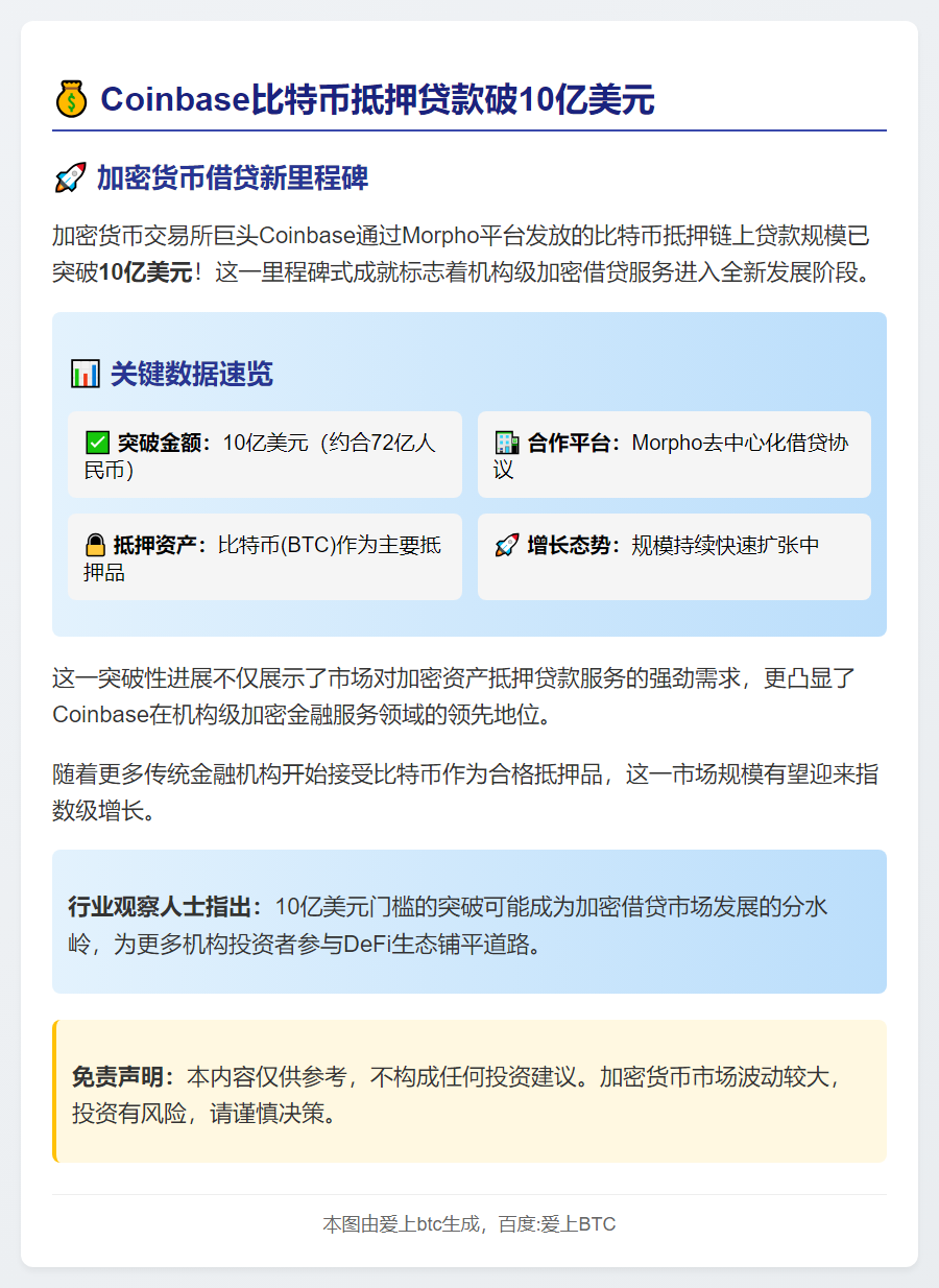Coinbase比特币抵押贷款破10亿美元