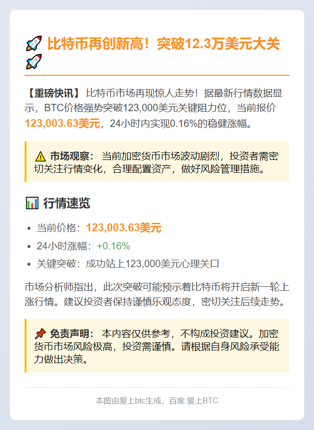 BTC冲破12.3万美元