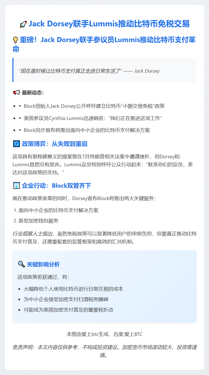 Jack Dorsey联手Lummis推动比特币免税交易