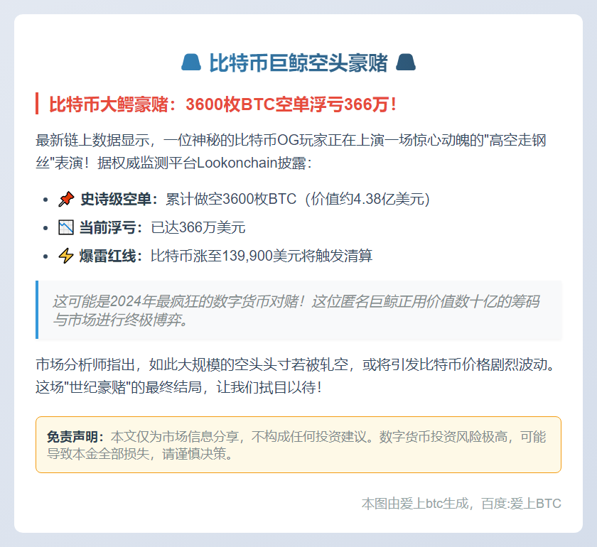 比特币OG增持3600枚空单 浮亏366万美元