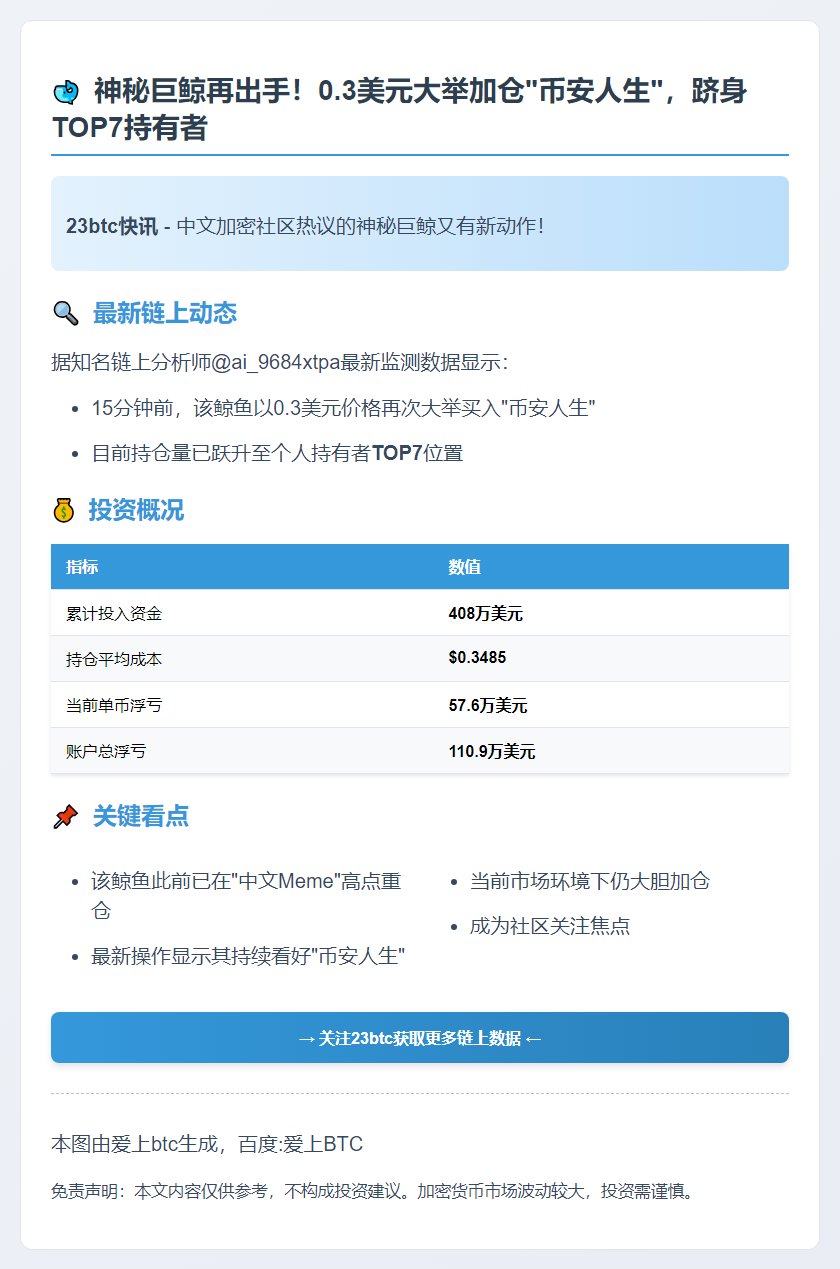 鲸鱼0.3美元加仓币安人生，跻身TOP7