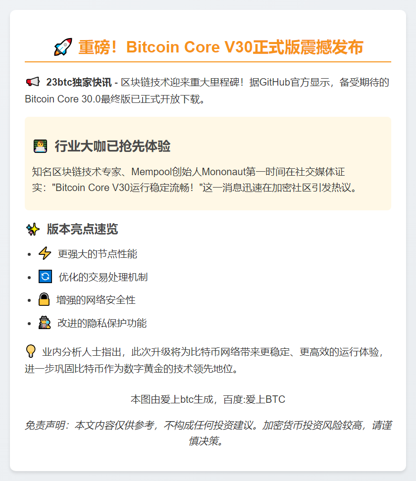比特币核心V30发布
