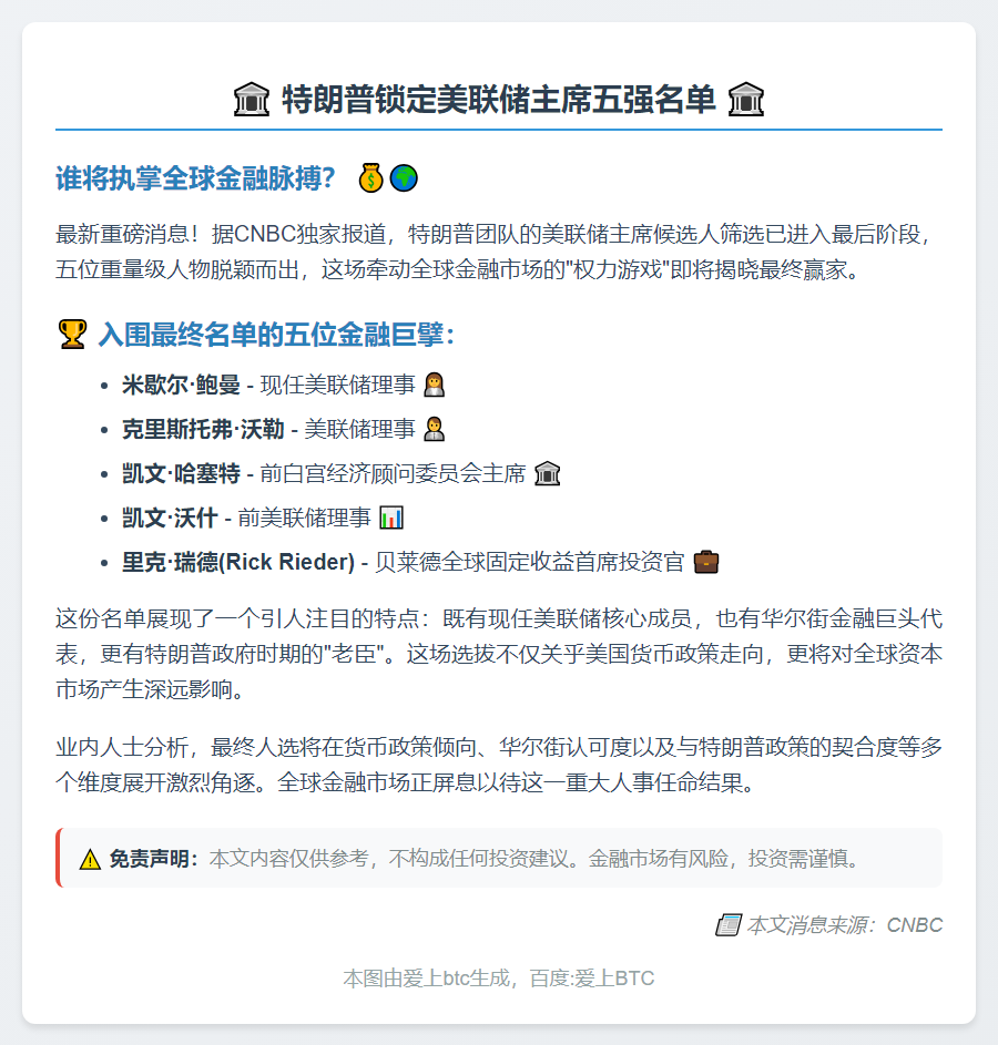 特朗普美联储主席人选缩至五人