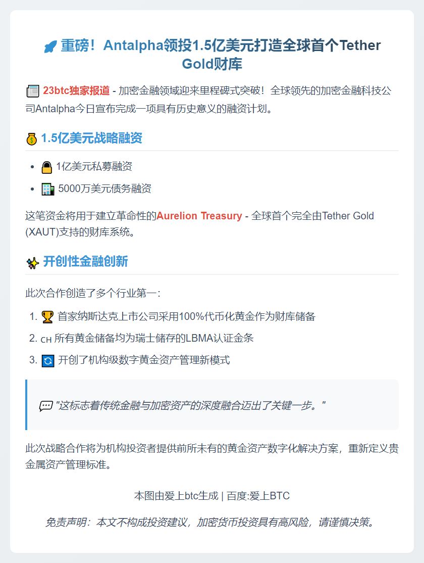 Antalpha领投1.5亿美元Aurelion融资建Tether Gold财库