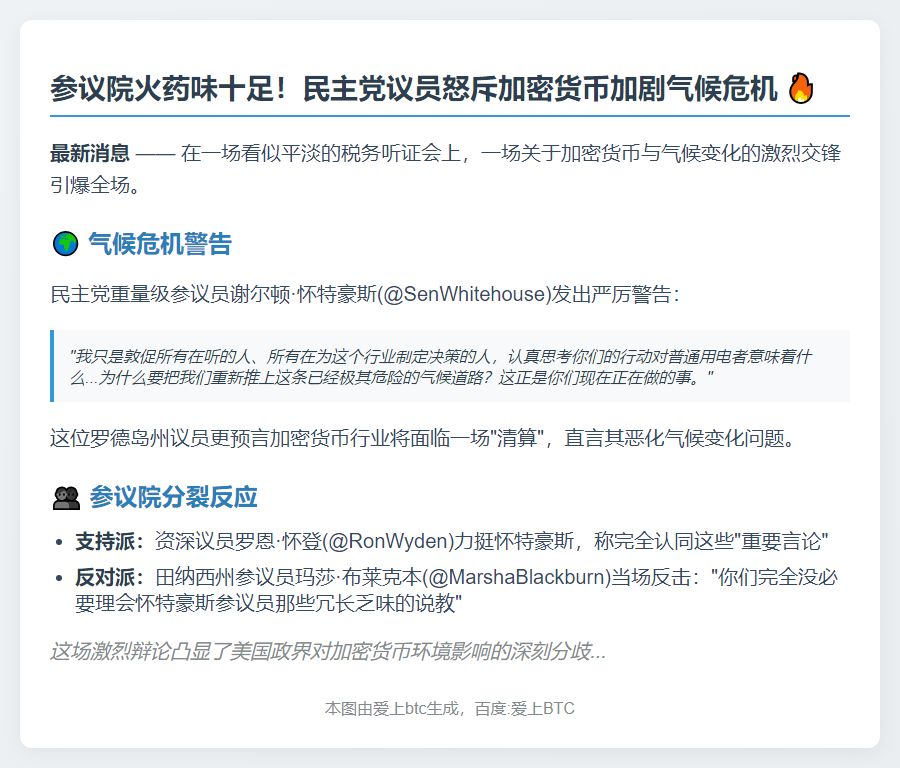 民主党议员警告：加密货币将面临气候