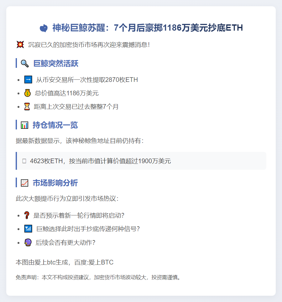 鲸鱼沉寂7月后提2870枚ETH