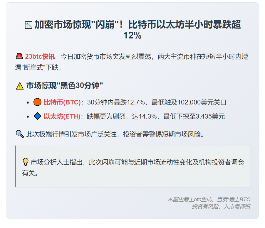加密市场暴跌：BTC、ETH30分钟跌超12%