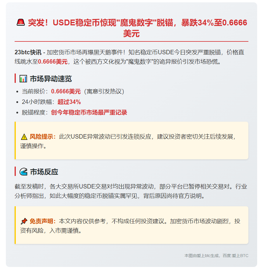 USDE脱锚跌至0.6666美元