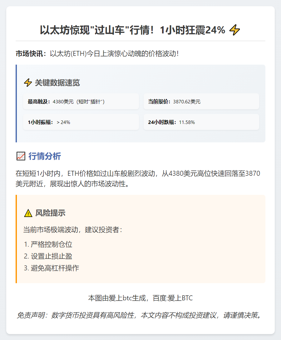 ETH插针至4380，1小时振幅超24%