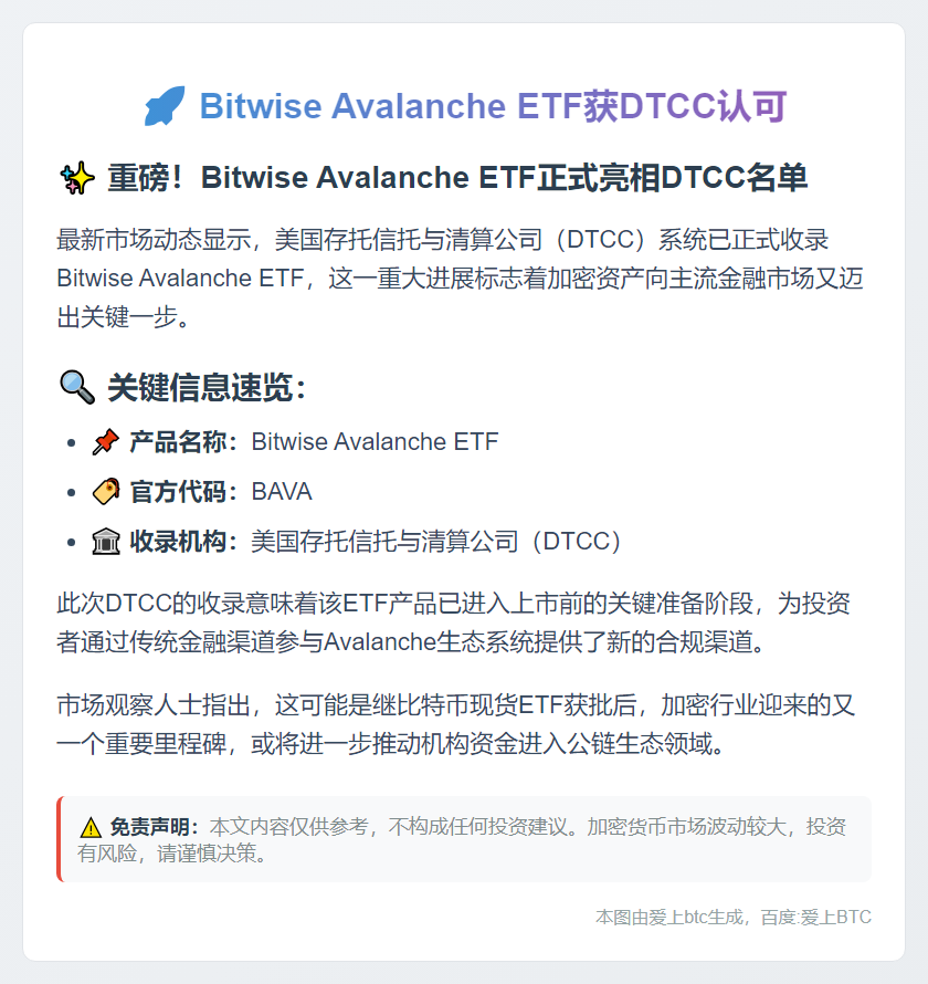 Bitwise Avalanche ETF获DTCC认可