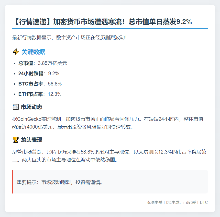 加密市值跌9.2%至3.85万亿美元