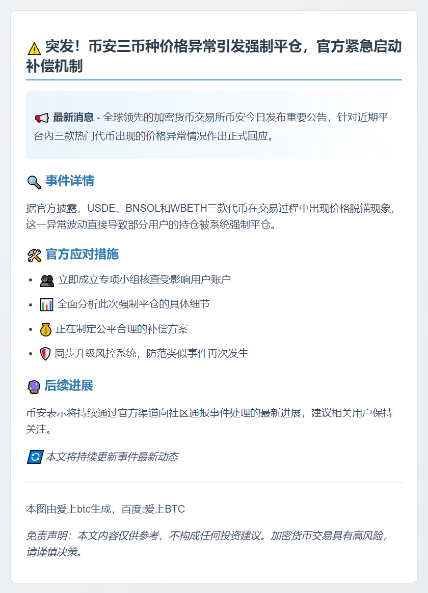币安脱锚致强制平仓 补偿方案将出台