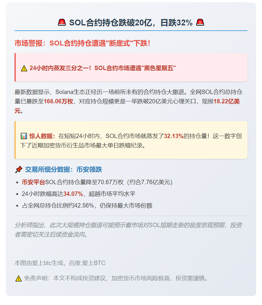 SOL合约持仓跌破20亿，日跌32%