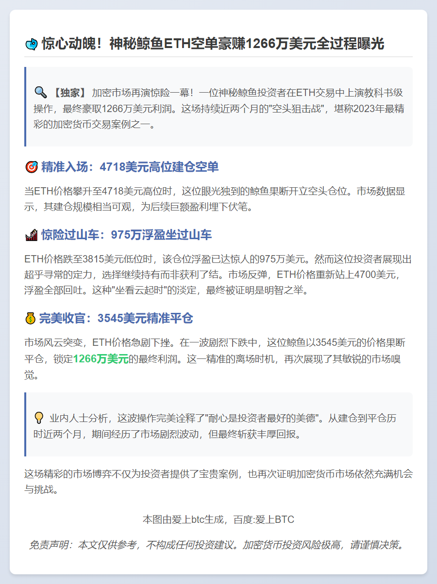 鲸鱼平仓ETH空单获利1266万美元
