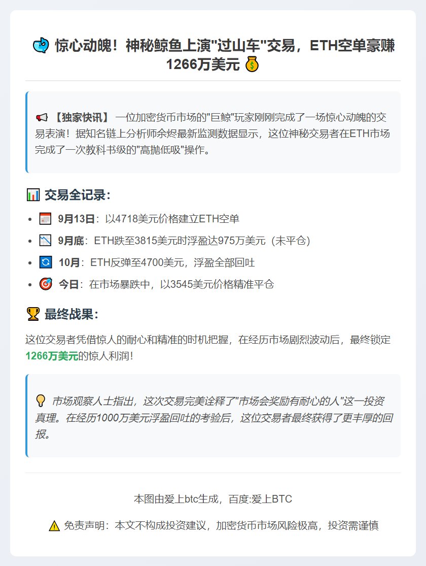 鲸鱼平仓ETH空单获利1266万美元