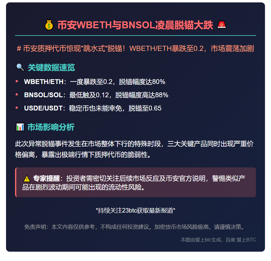 币安WBETH与BNSOL凌晨脱锚大跌