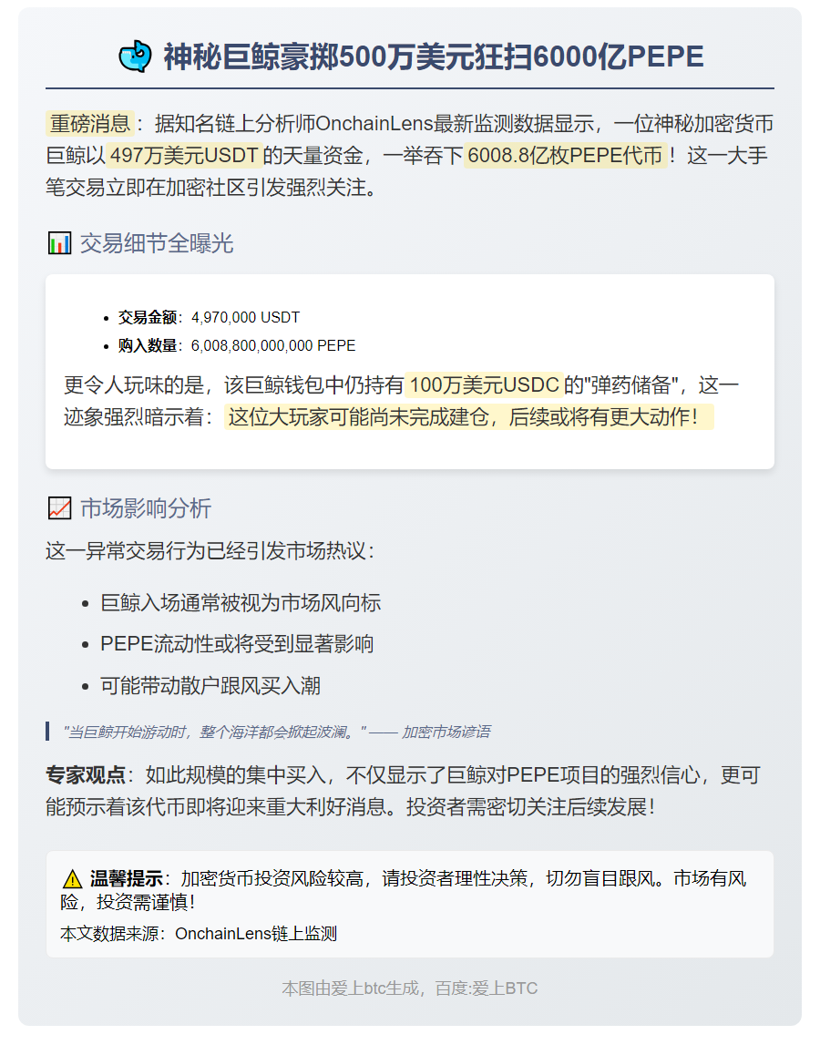 巨鲸497万USDT买入6008亿PEPE
