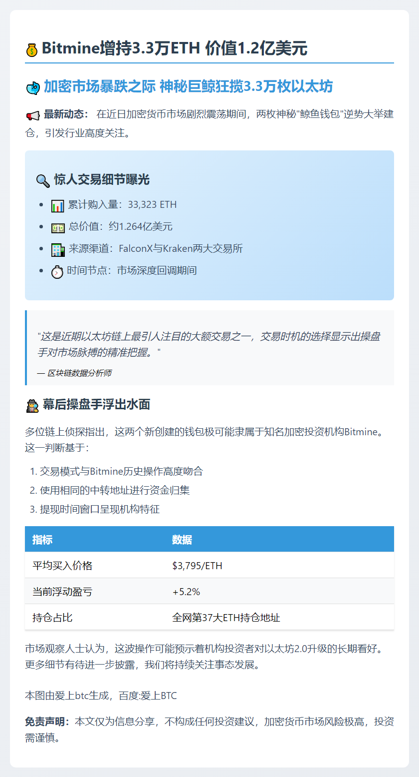 Bitmine增持3.3万ETH 价值1.2亿美元