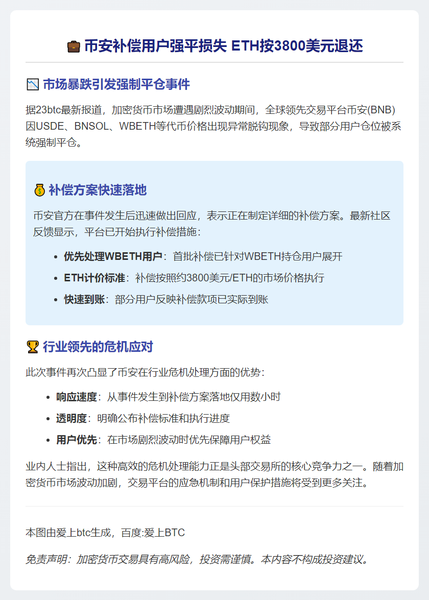 币安补偿用户强平损失 ETH按3800美元退还