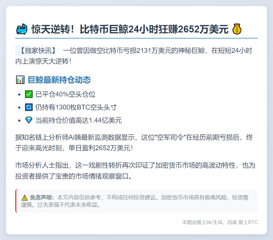 巨鲸做空BTC转盈，日赚2652万美元