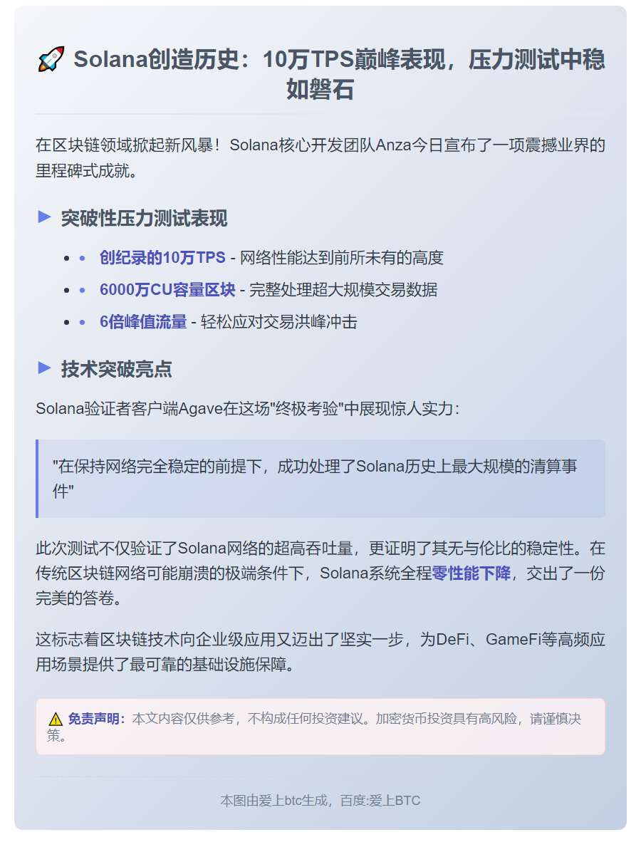 Solana稳定通过10万TPS压力测试