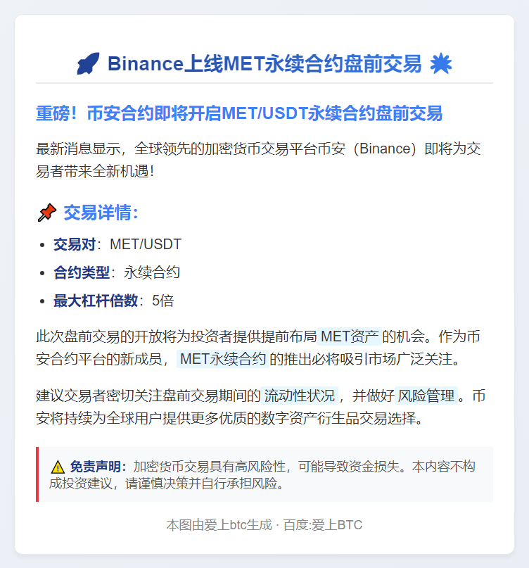 Binance上线MET永续合约盘前交易