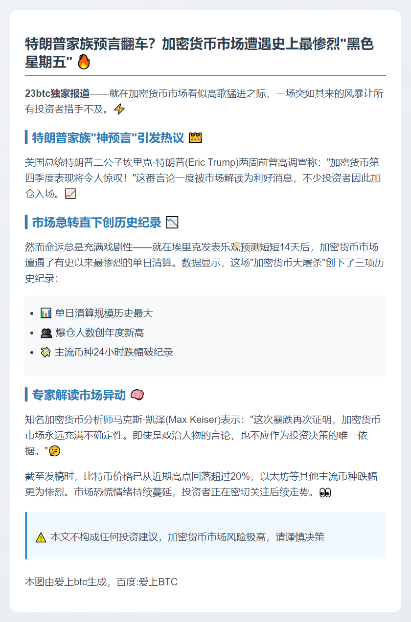 特朗普之子赞加密货币Q4惊人，两周后现最大单日清算