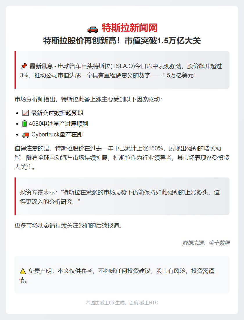 特斯拉市值突破1.5万亿美元