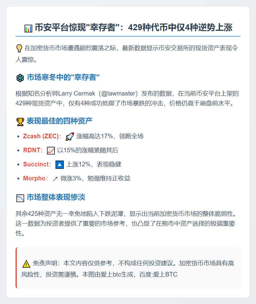 仅4种币安现货资产高于崩盘前价