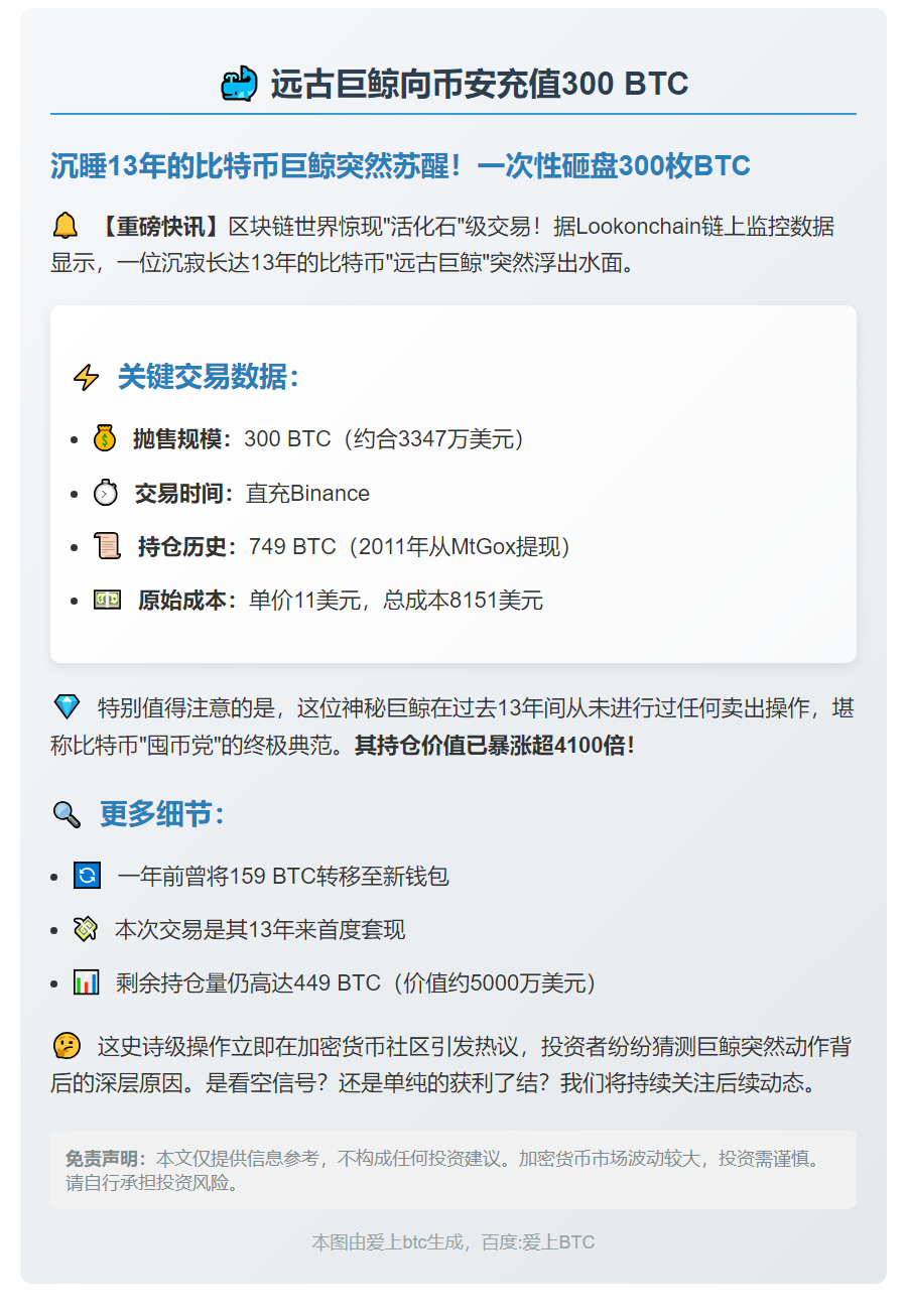 远古巨鲸向币安充值300 BTC