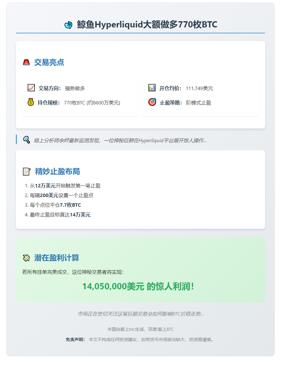 鲸鱼Hyperliquid做多770枚BTC