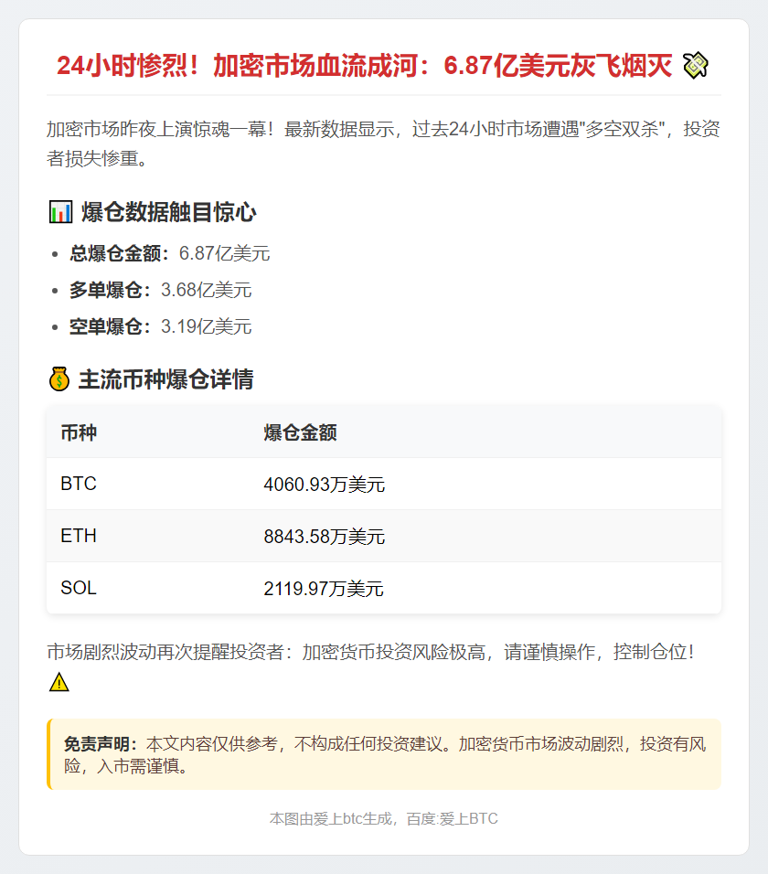 24小时爆仓6.87亿，多空双杀