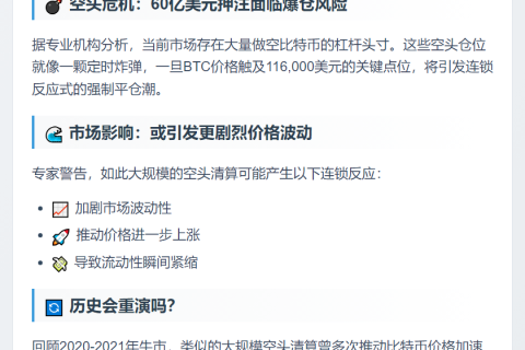 比特币若达11.6万美元，60亿空头将爆仓