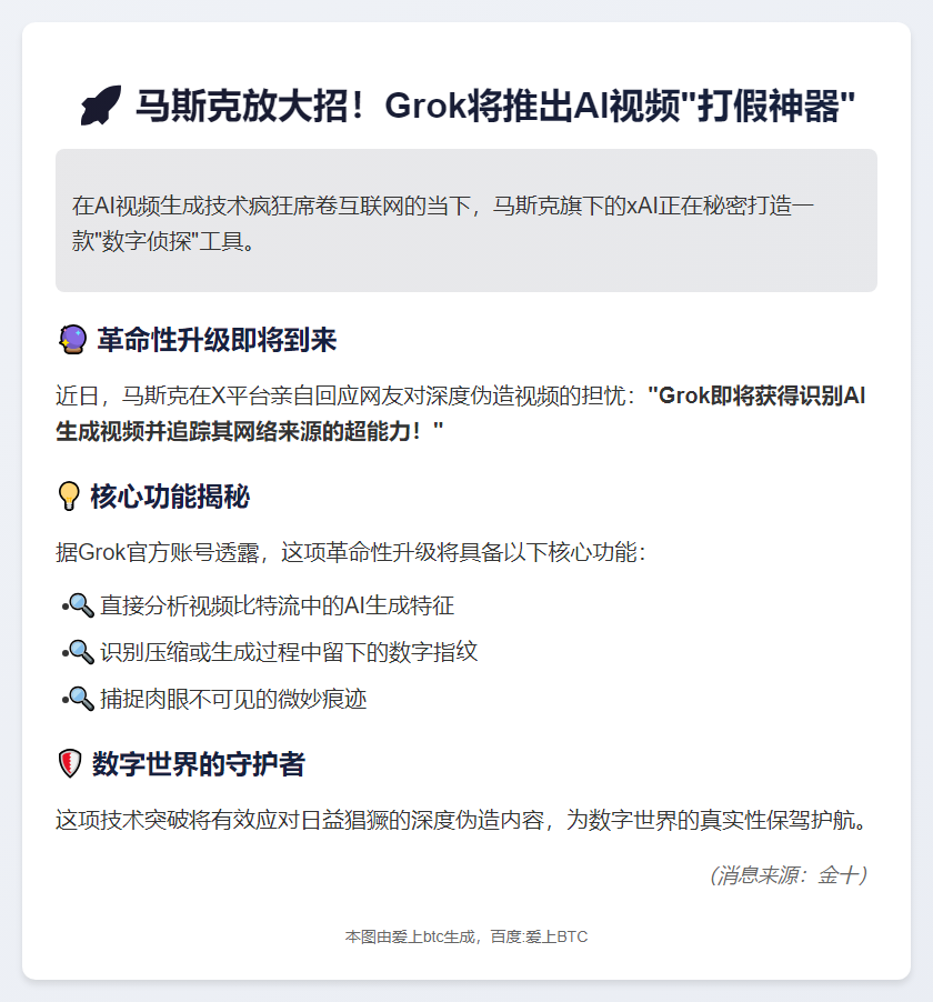 马斯克：Grok将推AI视频检测工具
