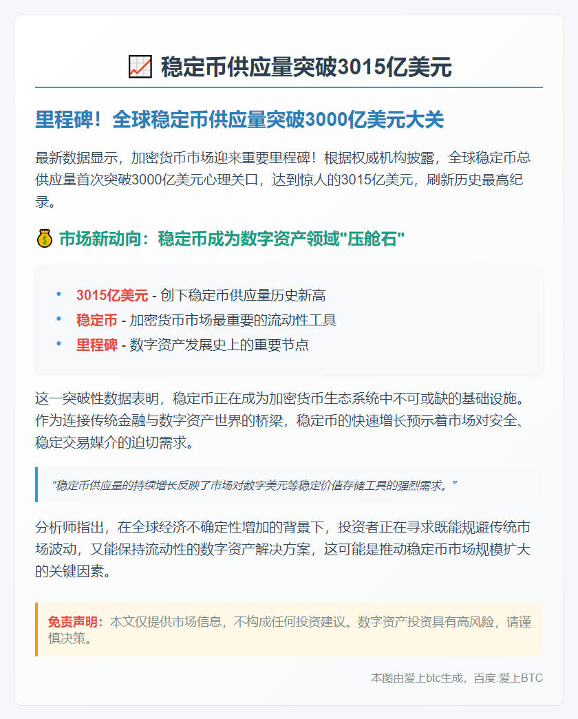 稳定币供应量突破3015亿美元