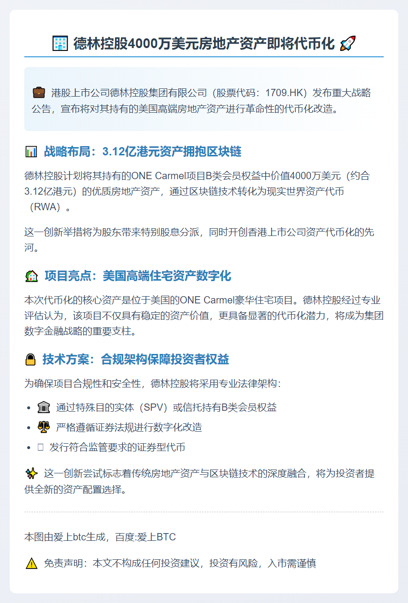德林控股拟将4000万美元房产代币化