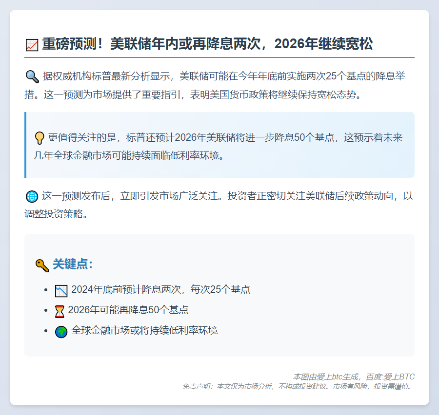 标普：料美联储年底前再降息两次