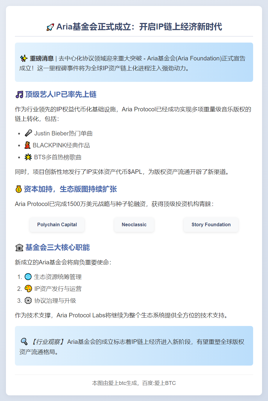 Aria 基金会成立，推动 IP 链上经济