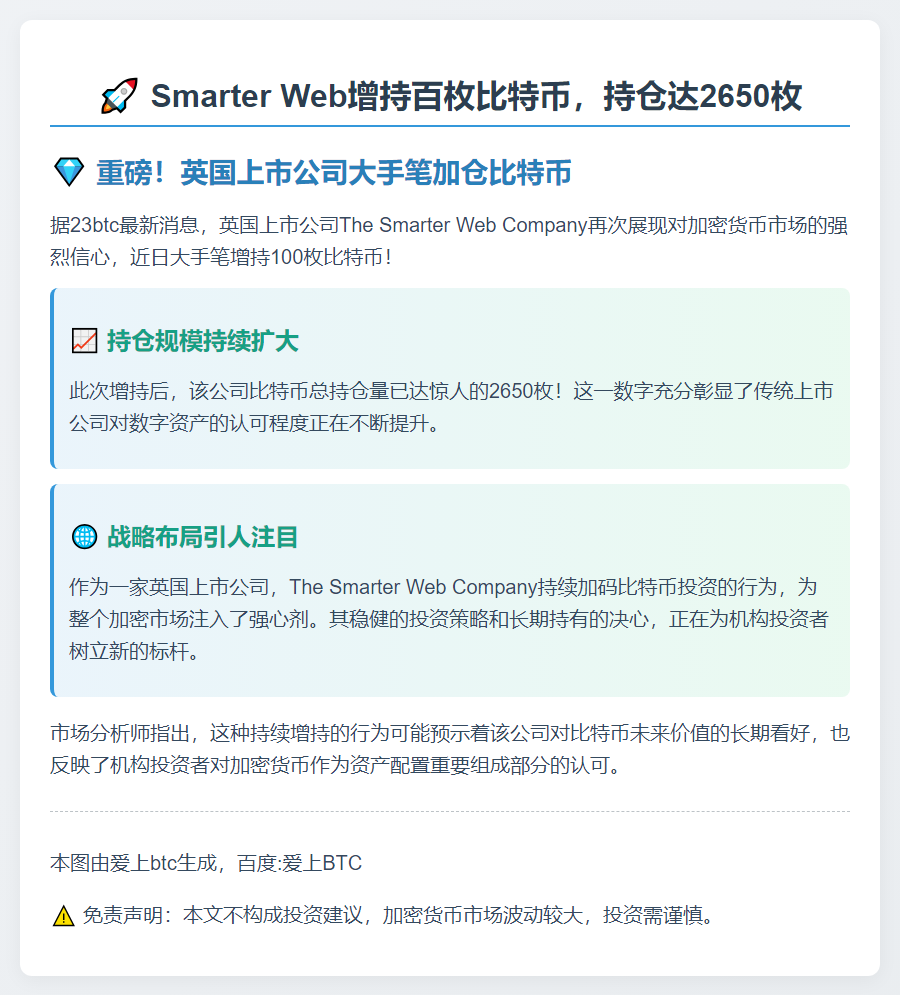 Smarter Web增持百枚比特币，持仓达2650枚