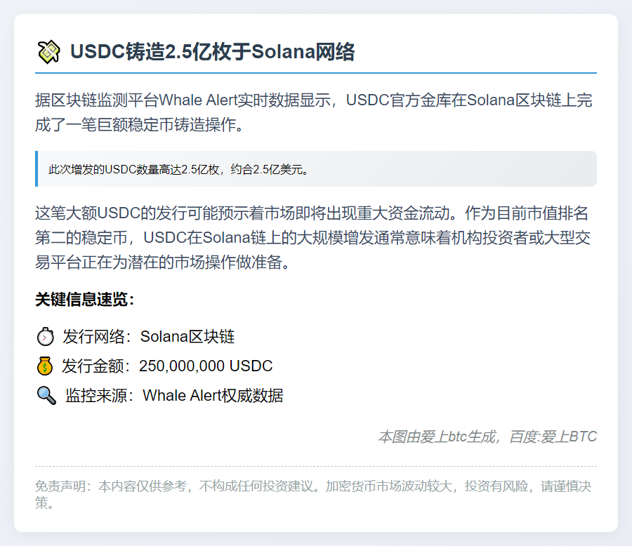 USDC铸造2.5亿枚于Solana