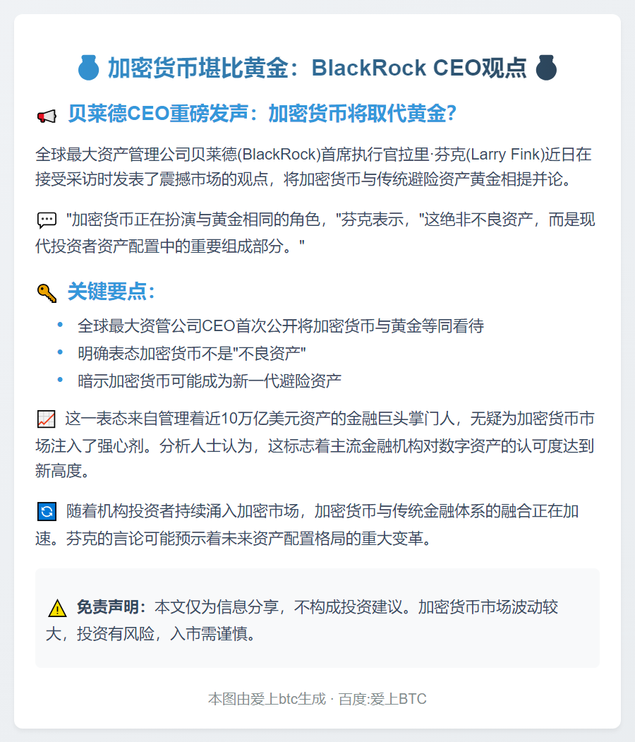 加密货币堪比黄金：BlackRock CEO观点