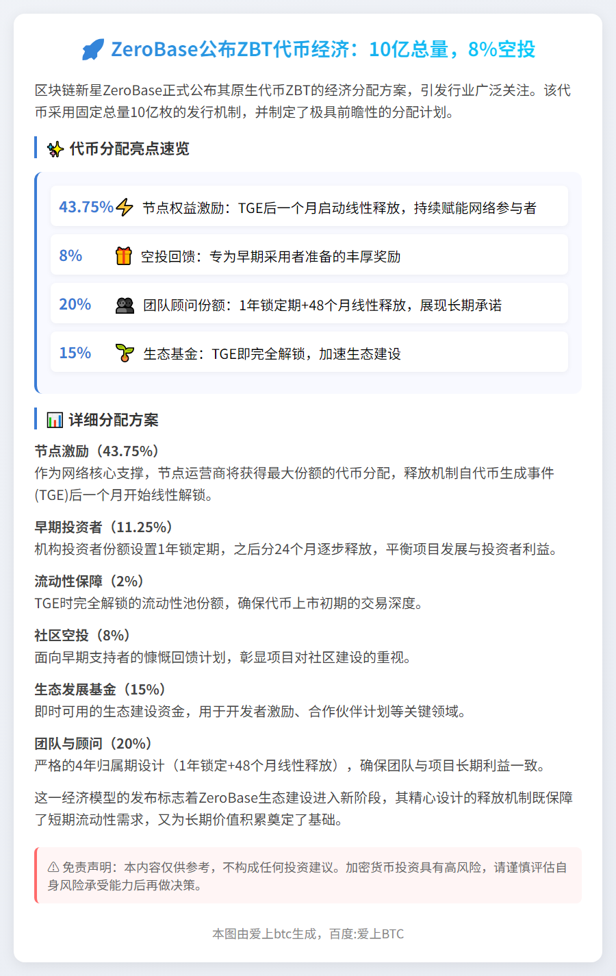 ZeroBase公布ZBT代币经济：10亿总量，8%空投