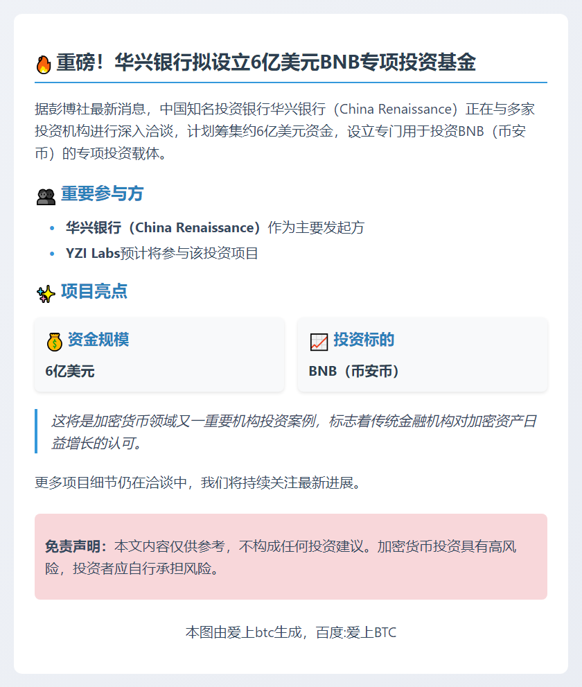 华兴银行拟设6亿美元基金投资BNB