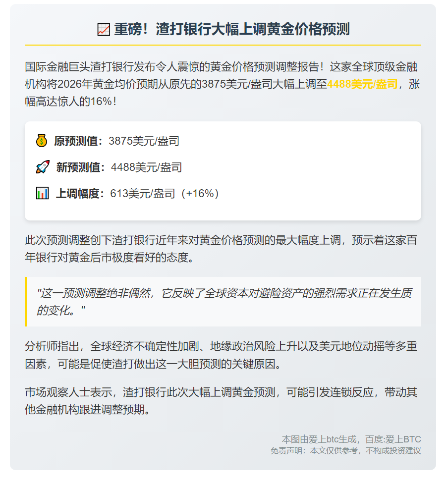 渣打上调2026年金价预测至4488美元