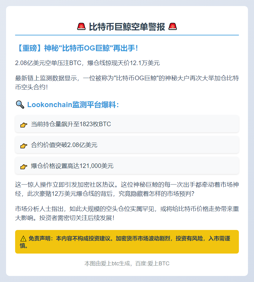 巨鲸加仓2亿BTC空单 爆仓价12.1万