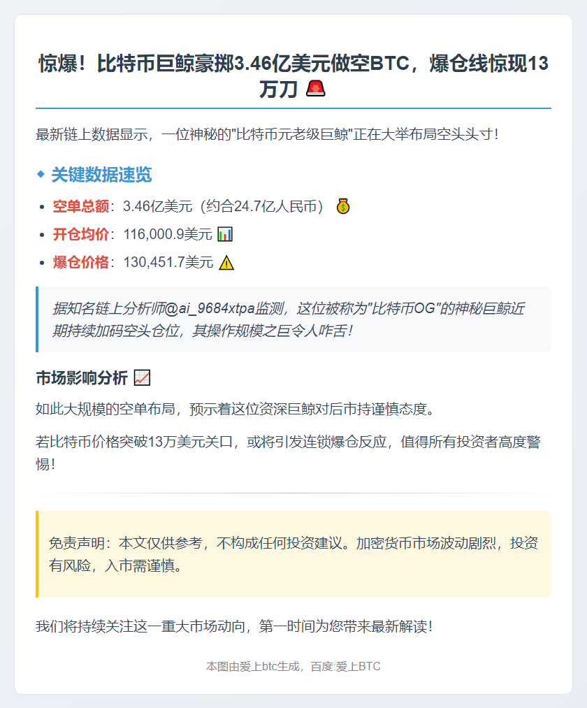 巨鲸加码3.46亿BTC空单，爆仓价13万