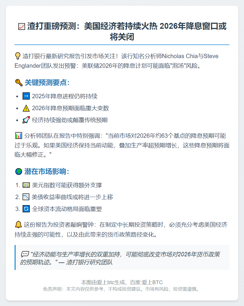 渣打：美经济强劲或推迟2026年降息