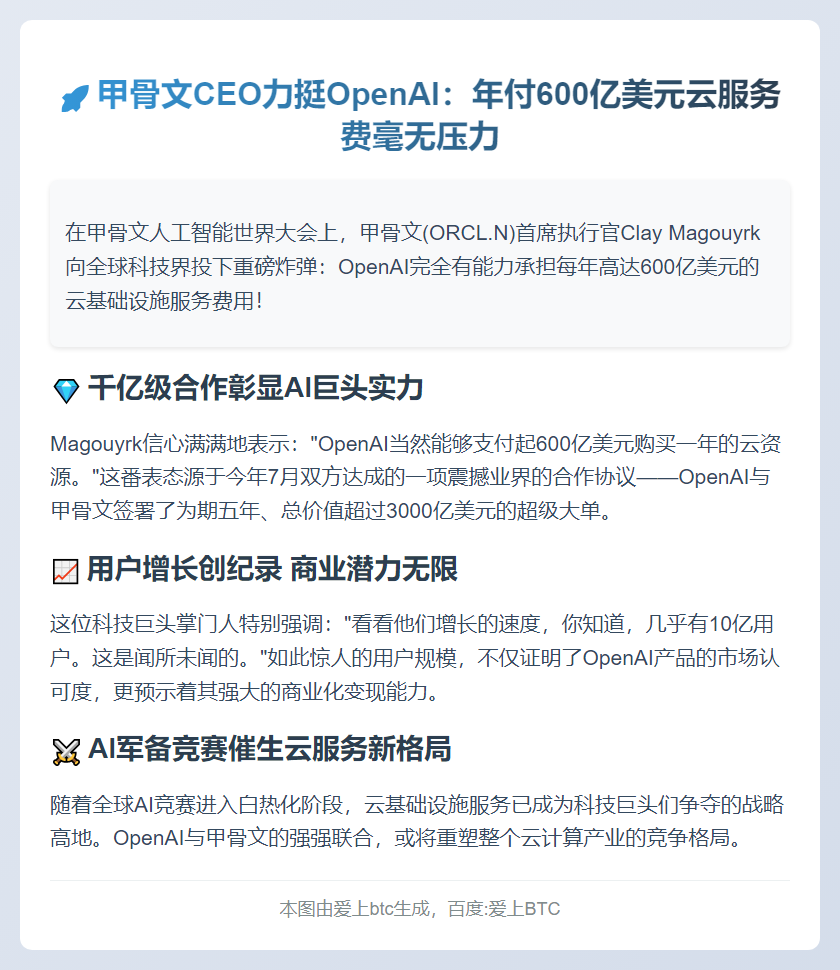 甲骨文CEO：OpenAI可负担600亿美元年云服务费